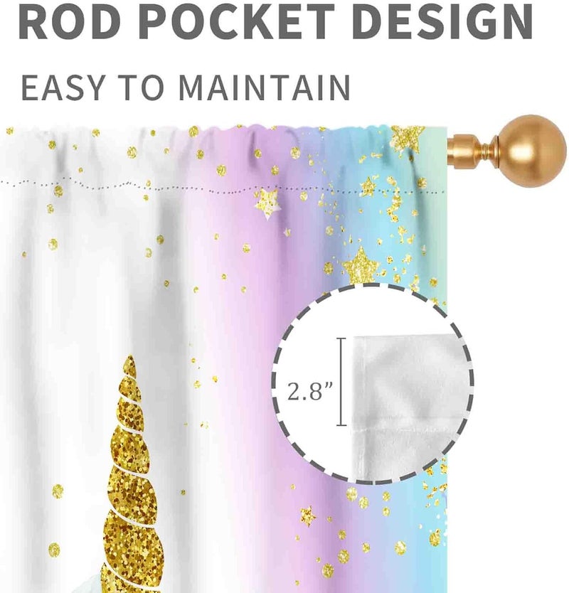 TKUYO Unicorn Curtains for Girls Bedroom, Ombre Rainbow Pink Gold Princess Unicorn Colorful Blackout Drpaes for Girls Kids Baby Room Living Room Nursery Window Treatments 2 Panels Sets, 52"x84" Inch - Image 4